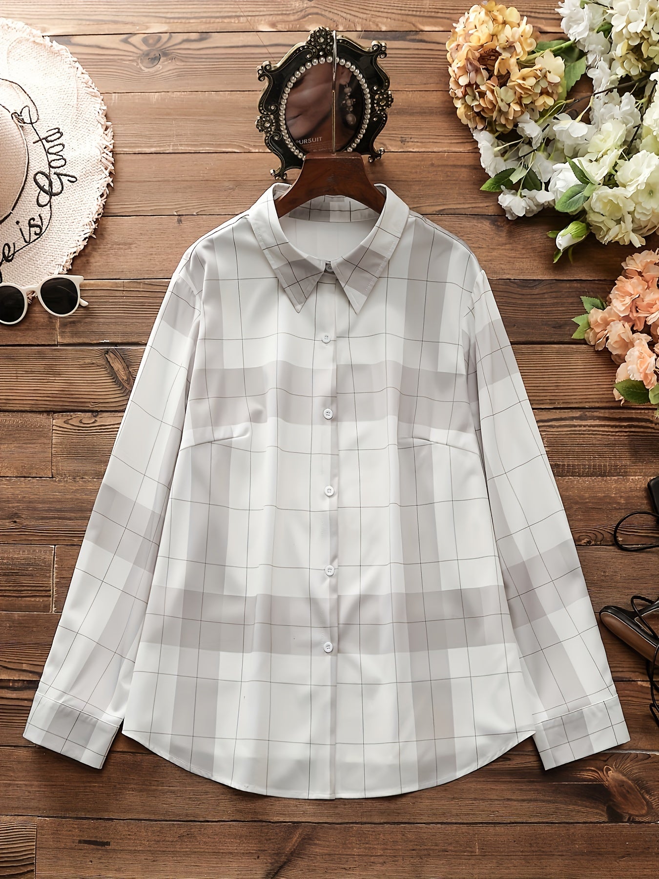 Plaid Print Button Up Long Sleeve Blouse