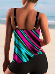 Vacay Tankini Set Striped Print Round Neck Cami Top & Shorts Swimsuit