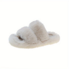 Fluffy Two Bands Slippers Solid Open Toe Slip On Plush Shoes Cozy & Warm