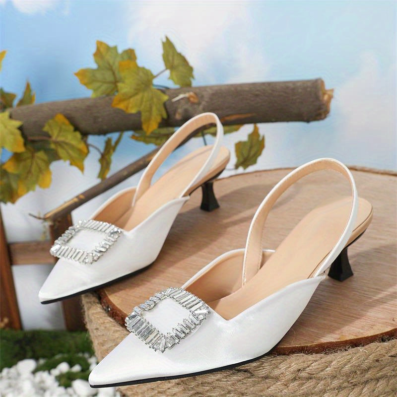 Rhinestone Kitten Heels Satin Slingback Sandals Wedding Evening Low Heels
