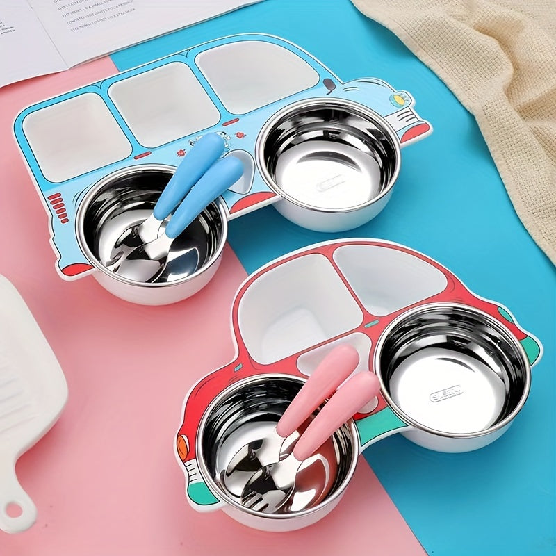 Kids Car Plate 304 Stainless Steel Spoon Fork Baby Divided Food Plate