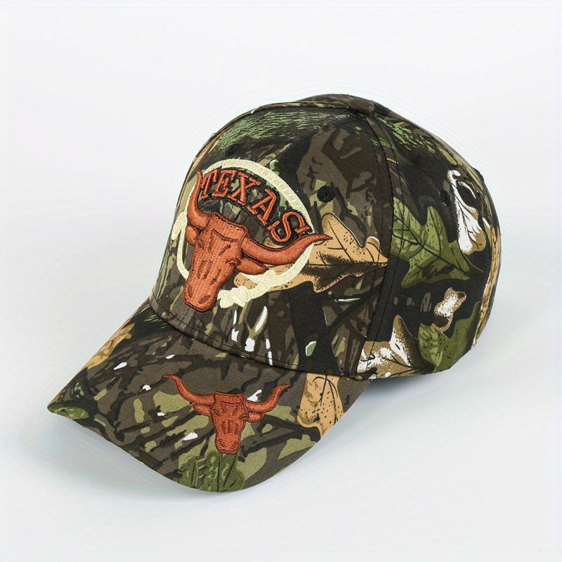 Unisex Sunshade Adjustable Baseball Cap with Bull Embroidery