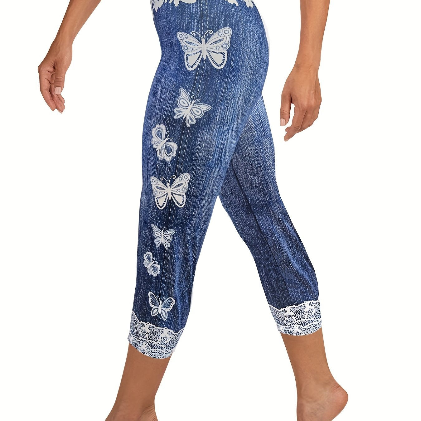 Denim & Butterfly Print Skinny Capris Leggings for Women