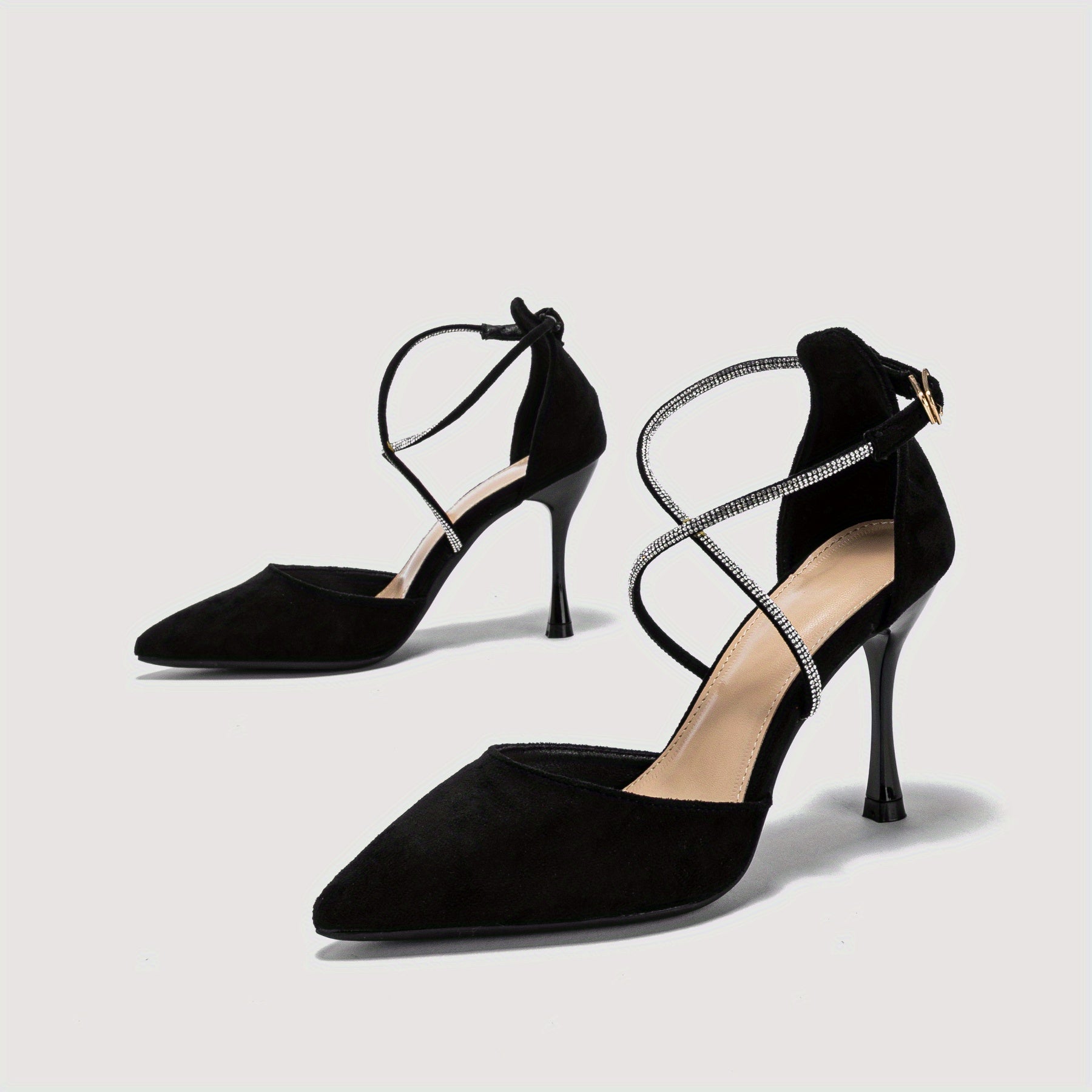 Rhinestone Stiletto Heels Point Toe Pumps Buckle Strap Dress Heels