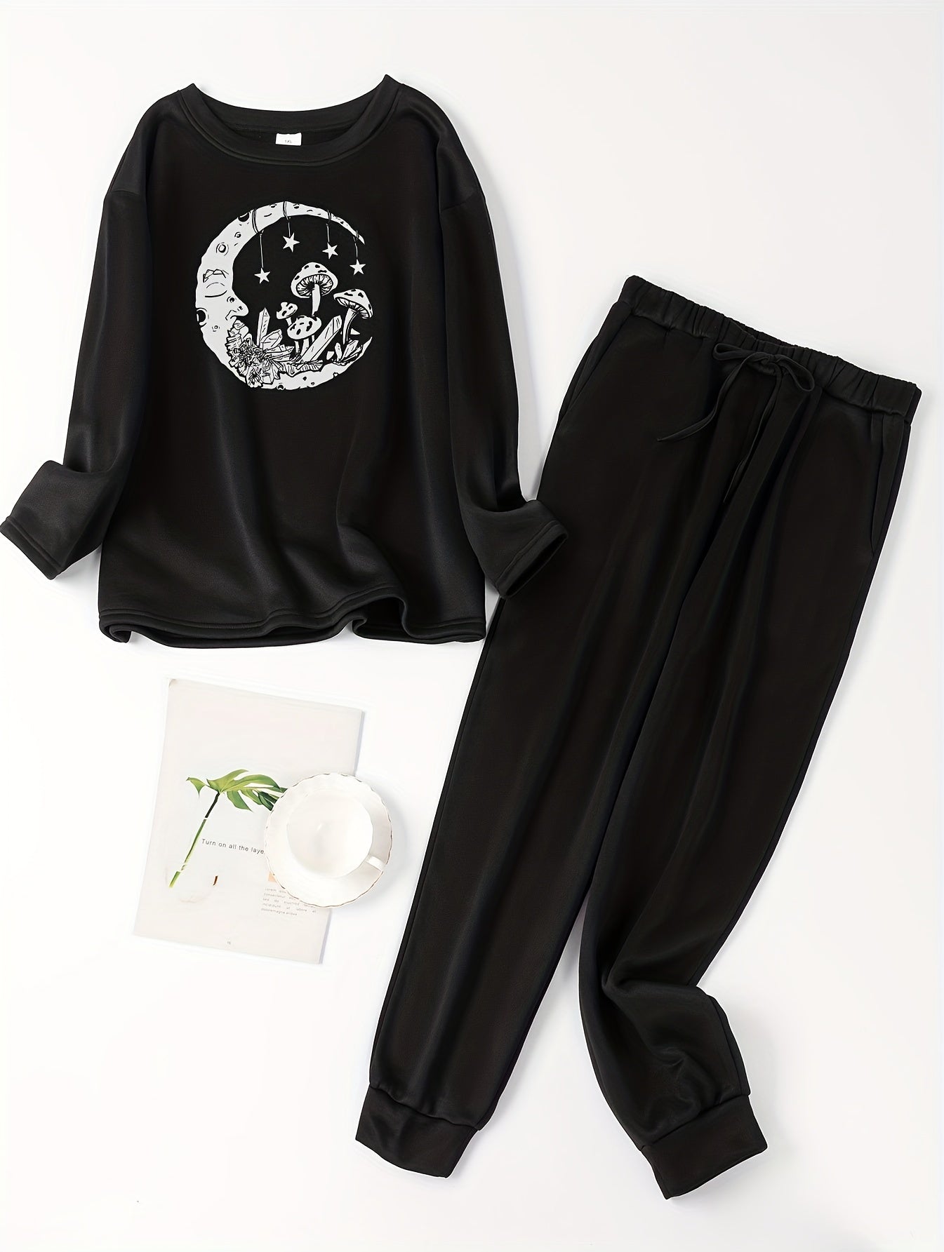 Mushroom & Moon Print Fleece Top & Tie Pants Pajama Set