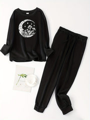 Mushroom & Moon Print Fleece Top & Tie Pants Pajama Set