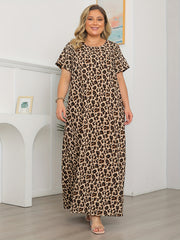 Leopard Print Round Neck Maxi Dress Short Sleeve Plus Size