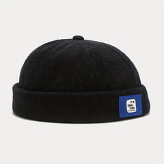 Unisex Corduroy No Brim Beanie Hat With Label Letter Style