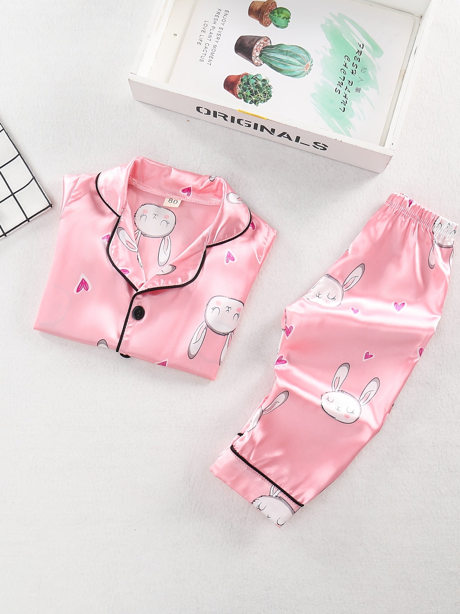 Girl's Rabbit Pattern 2pcs Button Front Long Sleeve Top & Pants Set