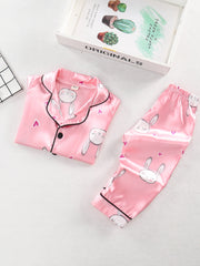 Girl's Rabbit Pattern 2pcs Button Front Long Sleeve Top & Pants Set