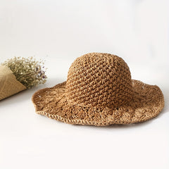 Wide Brim Crochet Sun Hat Hollow Breathable Straw Hat Women Travel Sunscreen