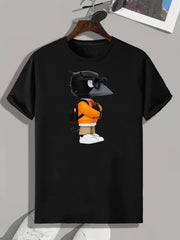 Cartoon Crow Print Men's Comfy T-shirt for Outdoor Summer
