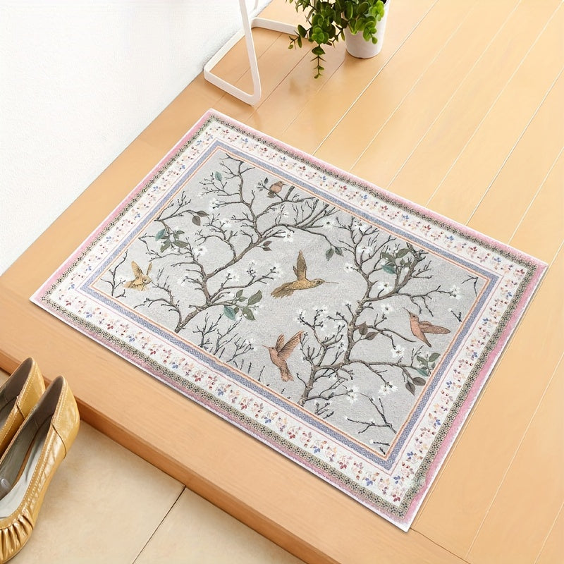 Cashmere Indoor Mat Flower Tree And Birds Painting Area Rug Non Slip