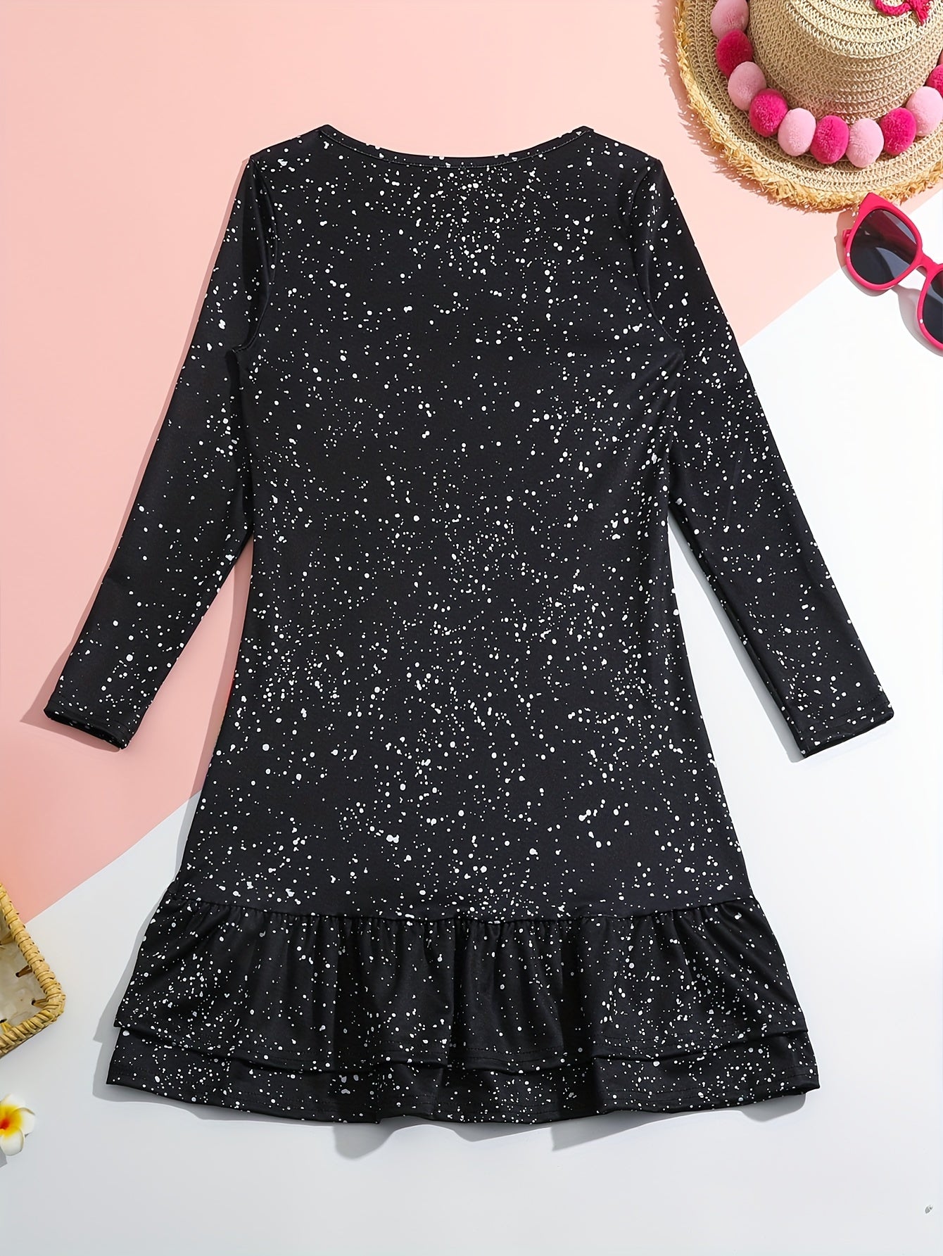 Girls Casual Rainbow Unicorn Print Crew Neck Long Sleeve Dress