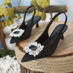 Women's Rhinestone Kitten Heels Pointed Toe Slingback Dress Pumps