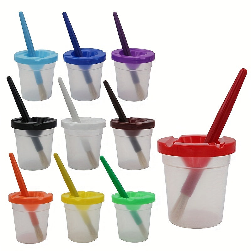 10pc Spill Proof Paint Cup & 10pc Large Round Brush Set