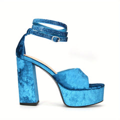 Velvet Platform Sandals Rhinestone Ankle Strap Block Heels