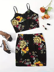 Floral Print Two Piece Set Cami Top & Hip Skirt Outfit