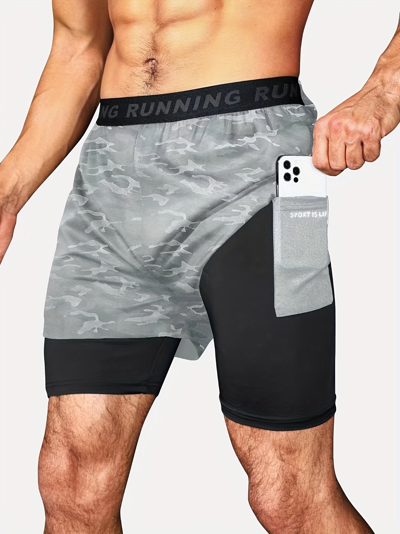 Men's 2-Layer Gym Running Shorts w/ Pockets Breathable Quick Dry