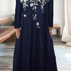 Floral Print Long Sleeve Round Neck Dress With Pockets