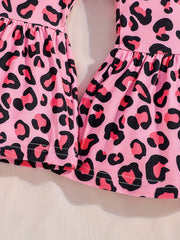 2pcs Baby Girls Puff Sleeve T-shirt & Leopard Pants Set