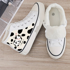 Cow Print Plush Lined Chunky Canvas Sneakers
