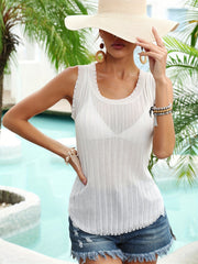 Frayed Trim Round Neck Cover Up Sleeveless Medium Strech Cover Up