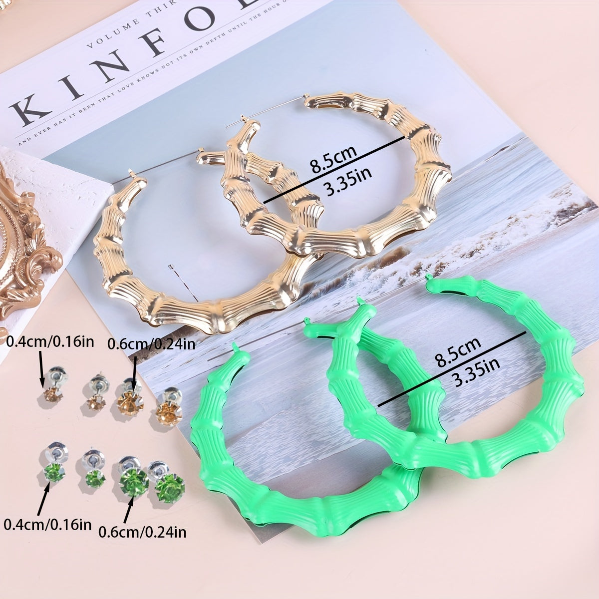 6 Pairs Golden Green Girls Earrings Set Big Hoop Punk