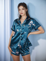 Floral Print Pajamas Set Lightweight Button Up Top & Elastic Waistband Shorts