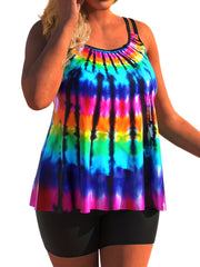 Rainbow Tie Dye Tankini Set Women's Cami Top & Shorts Swimsuit
