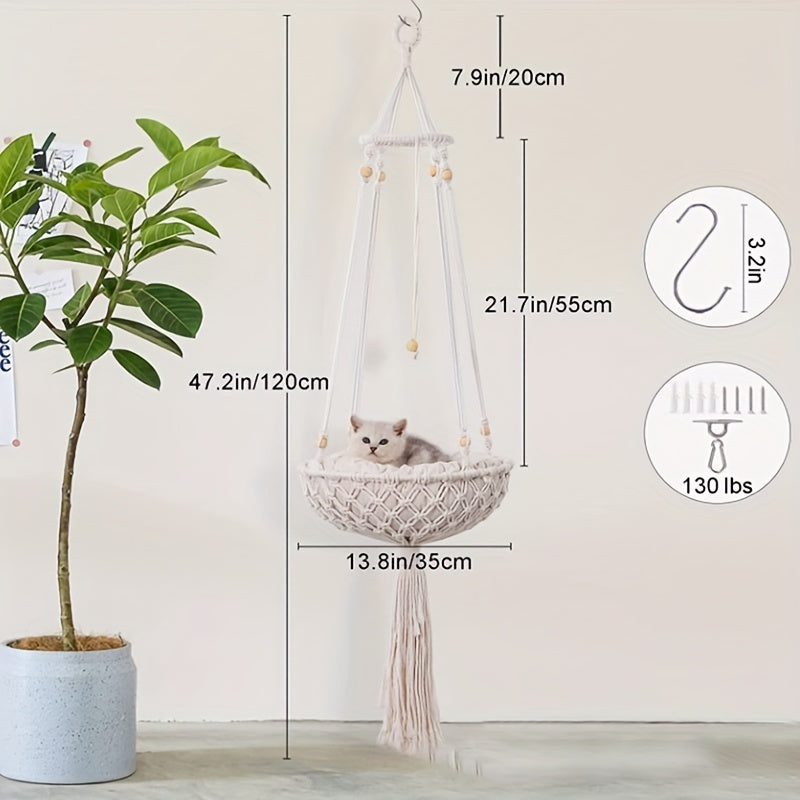 Handwoven Cat Hammock Boho Swing for Indoor Use with Hanging Kit