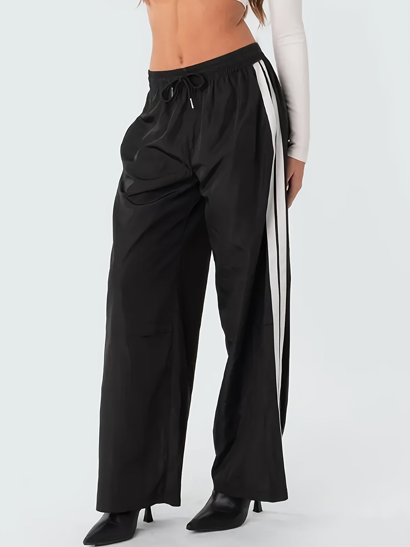 Block Stripes Side Loose Pants Elastic Waist Casual Running Pants