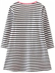 Girls' Cartoon Flowers Applique Striped Long Sleeve Dress