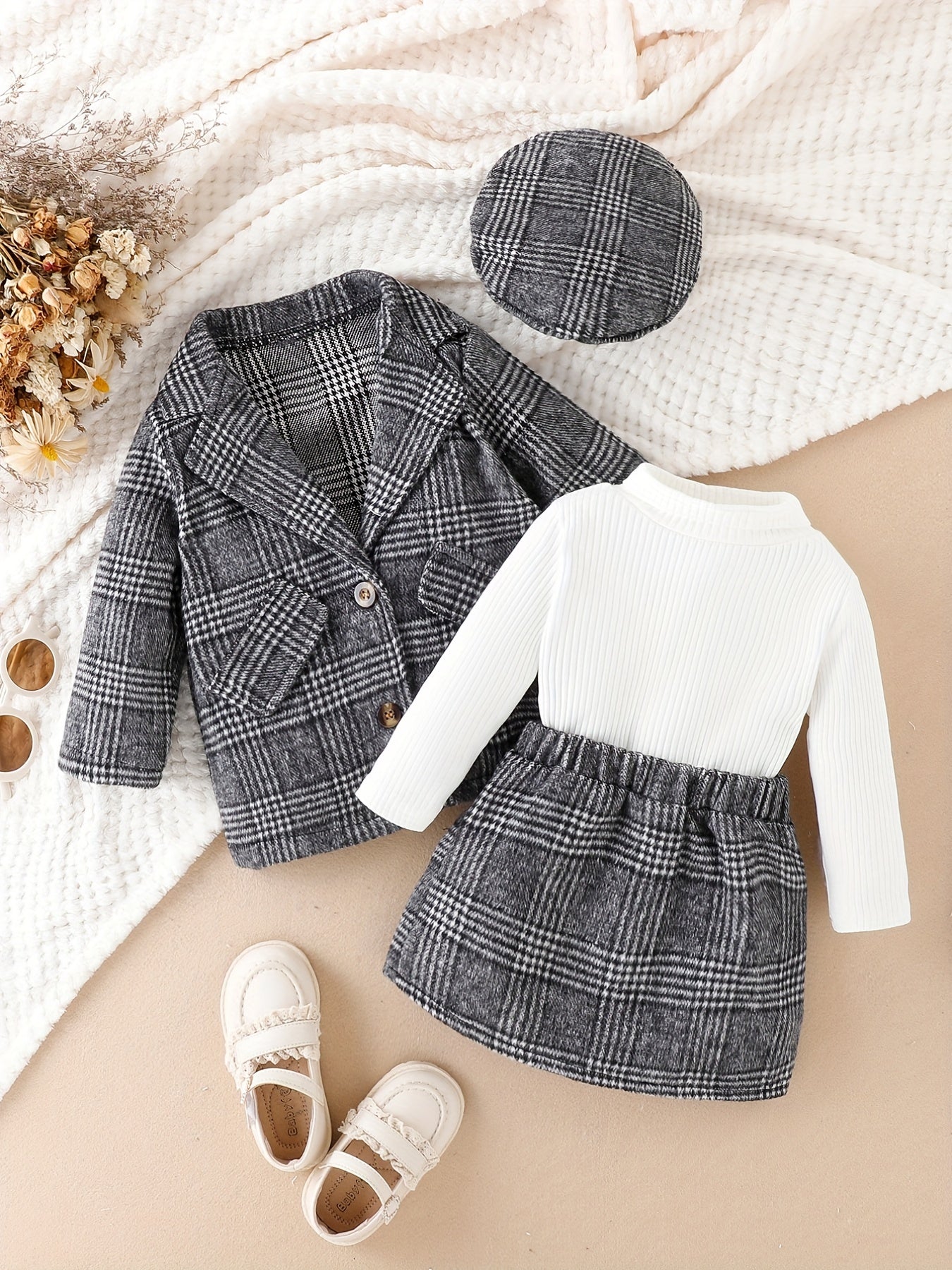 Baby Girl Plaid Blazer & Skirt & Pullover Top Set