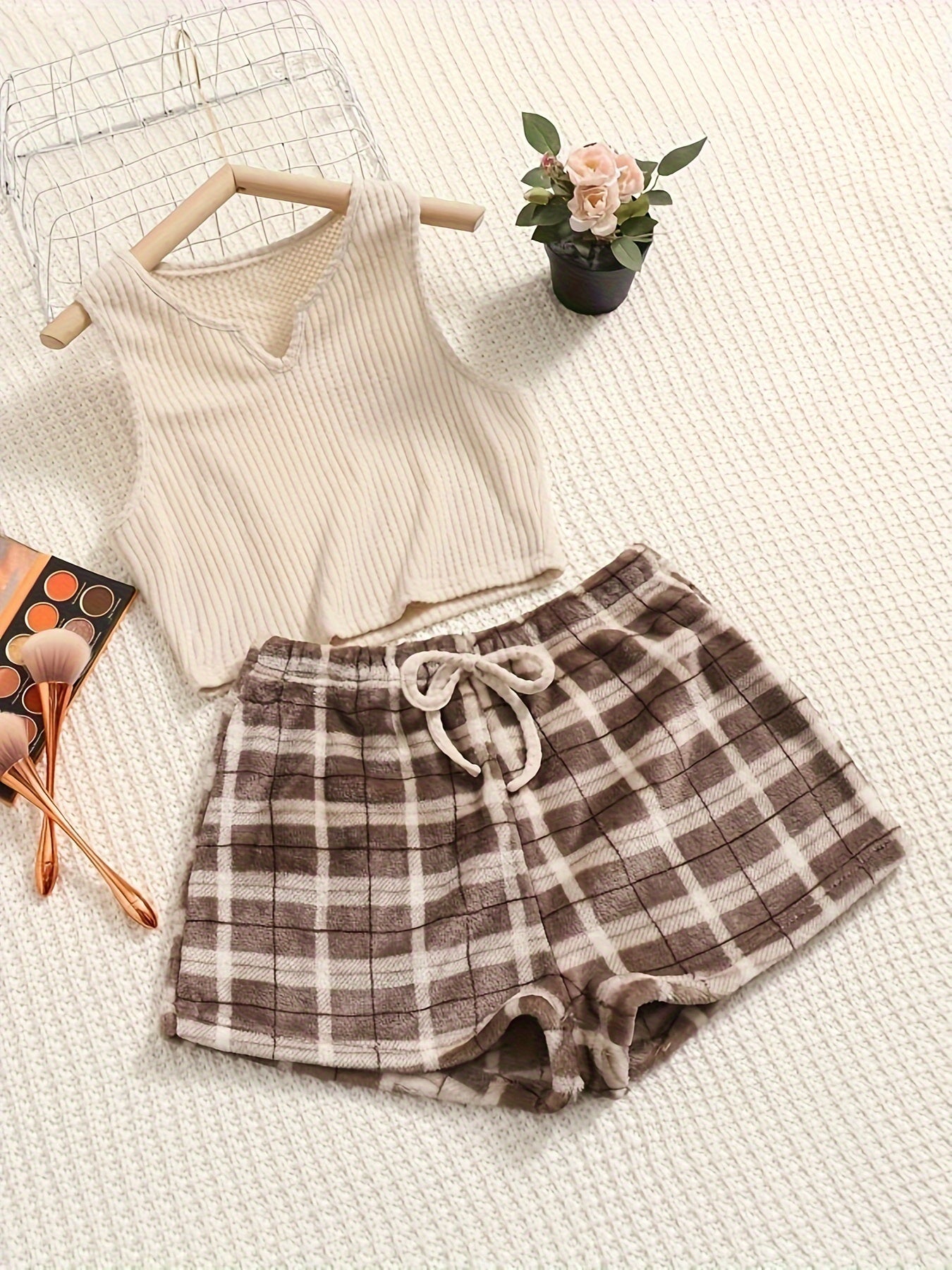 Preppy Pajamas Set Tank Top & Tie Front Shorts Home Wear 2pc Set