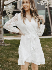 V Neck Ruffle Dress Long Sleeve Tie Waist Women's Clothing