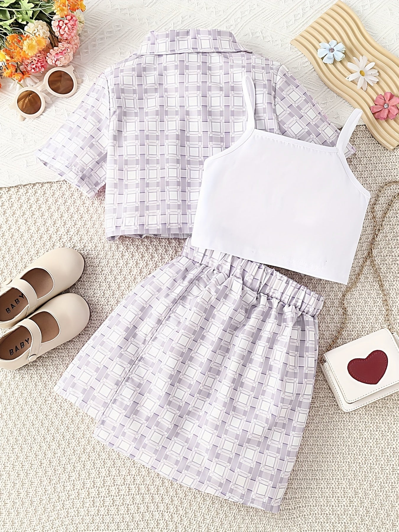 3pcs Girls Plaid Blazer Top Skirt Set for Vacation Casual Daily Kids Summer