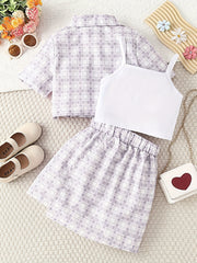3pcs Girls Plaid Blazer Top Skirt Set for Vacation Casual Daily Kids Summer