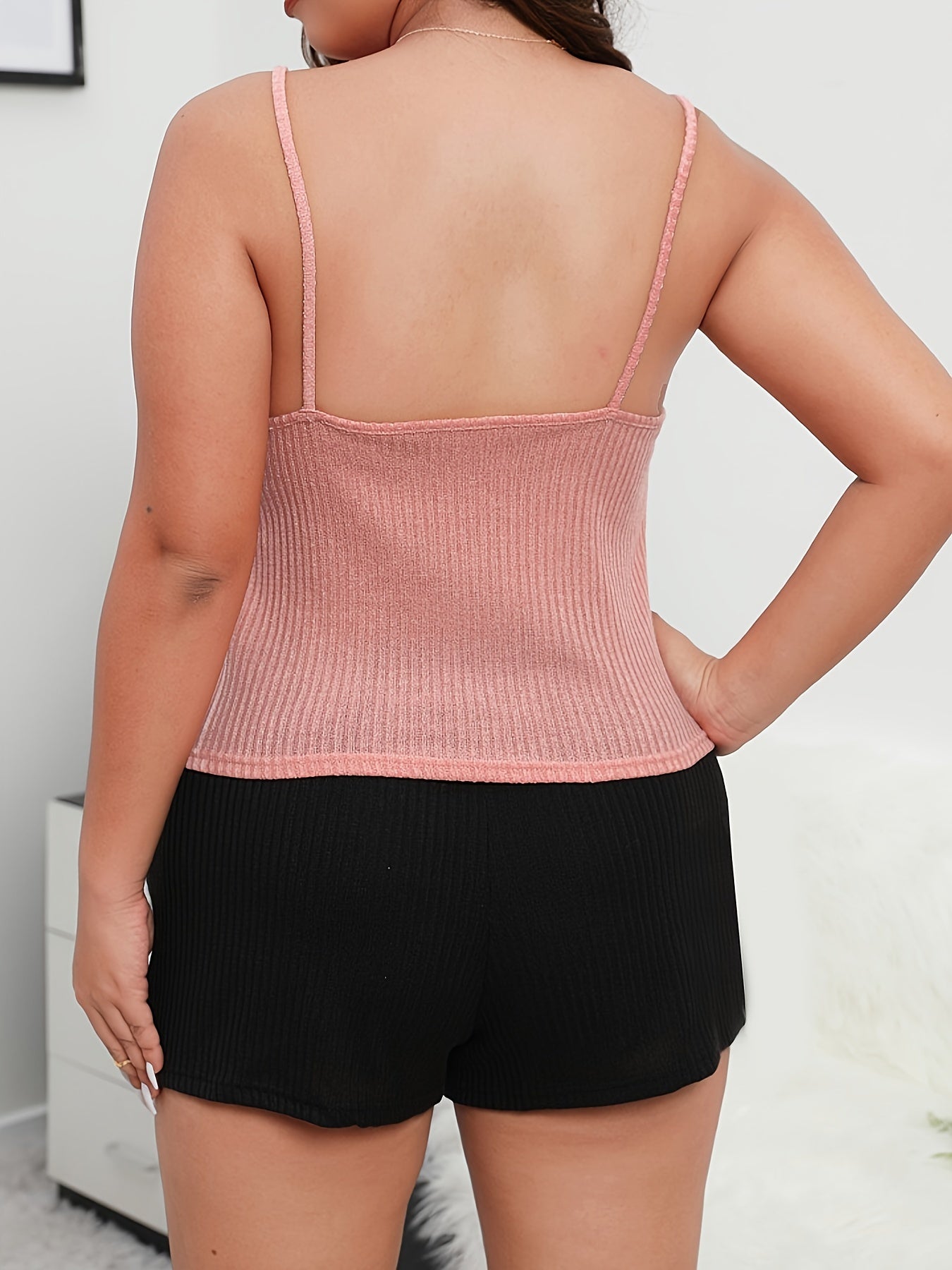 Ribbed Knit Pajama Set Round Neck Cami Top & Shorts