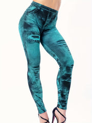 Denim Print Skinny Leggings High Waist Stretch Women's Clothing
