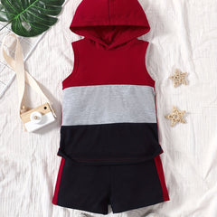 Boy's Hooded Tank Top & Shorts Set, Short Sleeve Casual Outfits