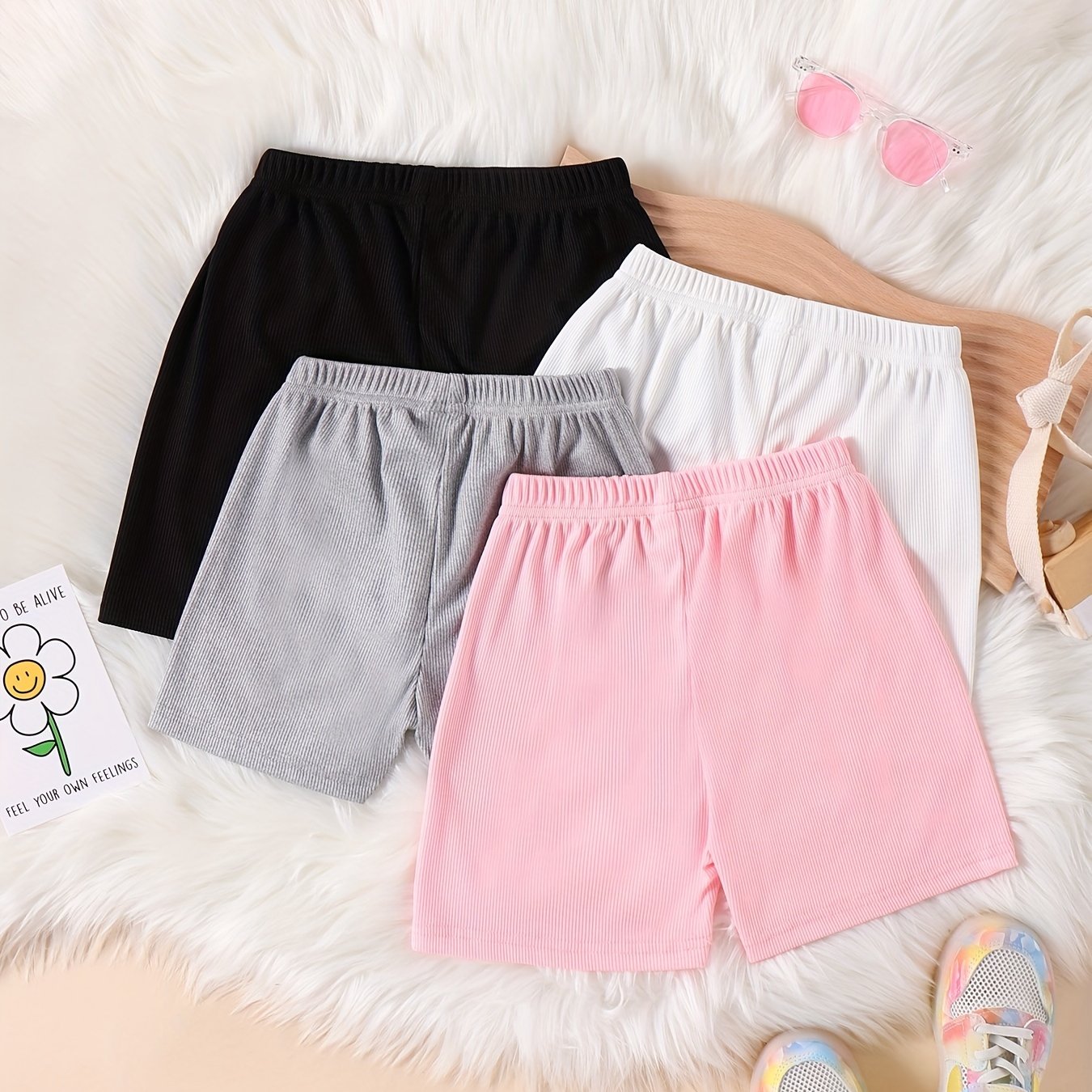 4pcs Girls Cotton Ribbed Knit Shorts Set For Leisure Lounge Comfy Fit