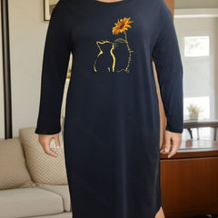 Cat & Sunflower Print Long Sleeve Casual Lounge Dress