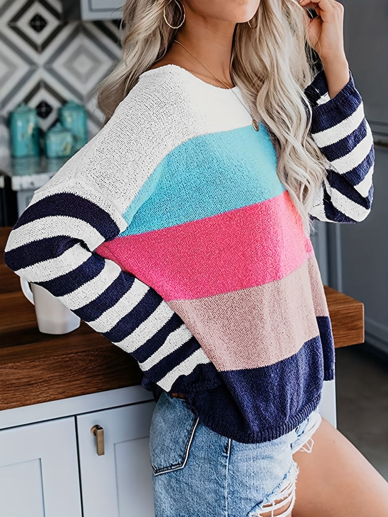 Casual Sweater Colorblock Stripe Print Long Sleeve Jumper