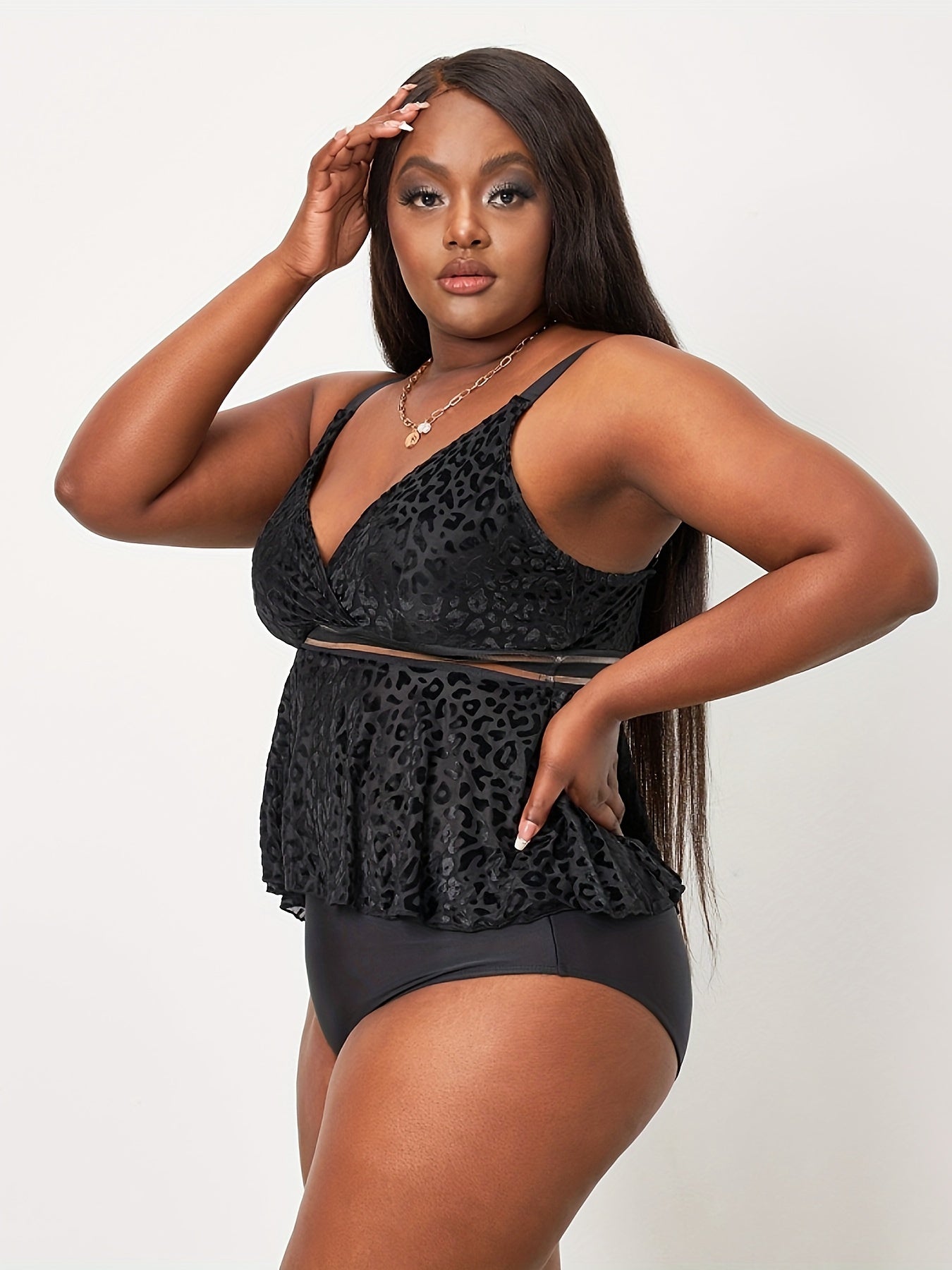 Sexy Tankini Set Leopard Pattern Mesh Peplum Cami Top & Panty Swimsuit