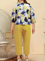 Women's Plus Geometric Print Top & Solid Pants Two Piece Set