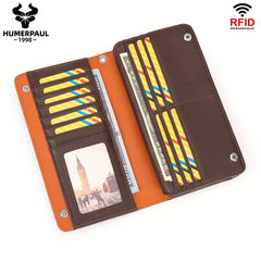 HUMERPAUL Large Capacity RFID Blocking Leather Wallet Brown Orange Accents