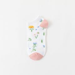 Pink Ankle Socks Floral Pattern Low Cut Women's Stockings