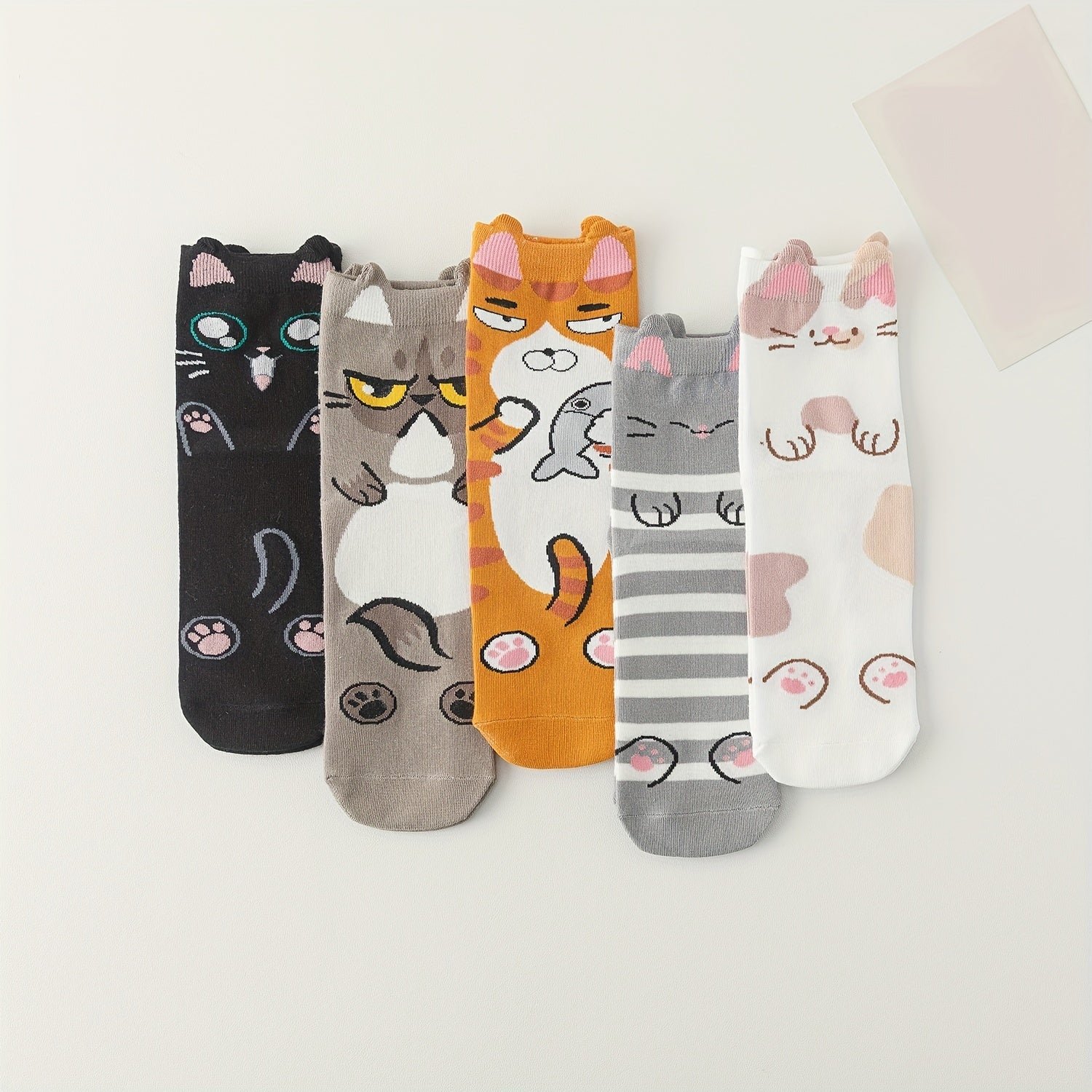 5 Pairs Cat Print Socks Lightweight Women's Stockings & Hosiery