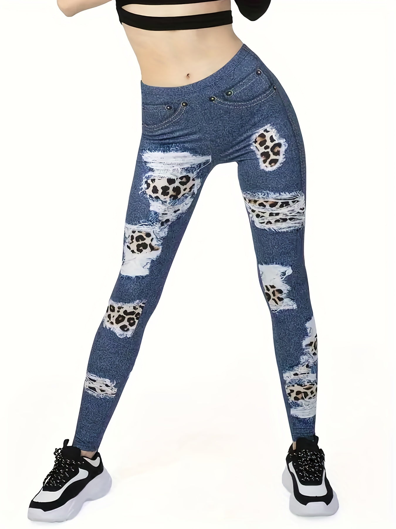 Ripped Denim Print Pants Casual Slim Length Pants Women's Clothing